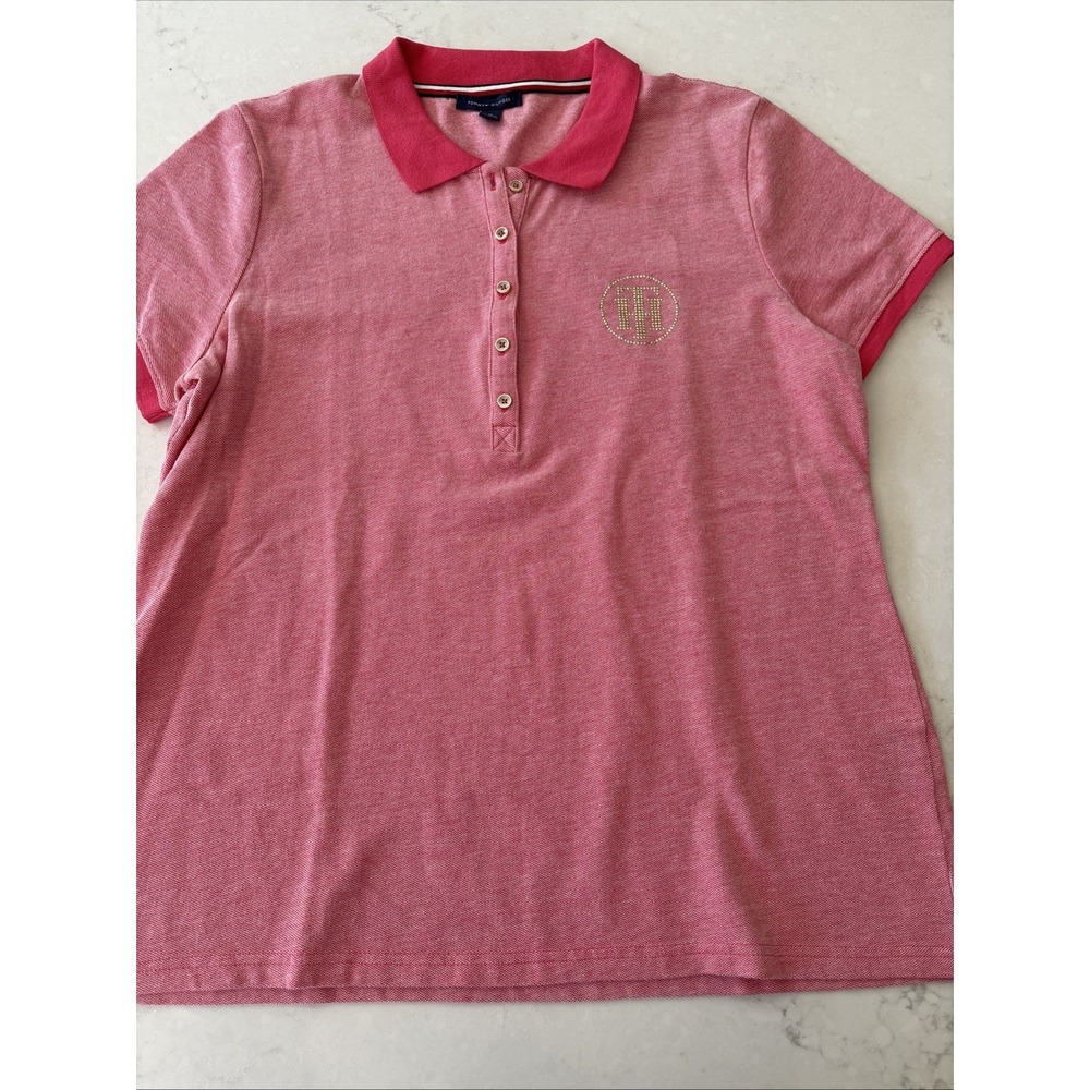 Tommy‎ Hilfiger Women's XL Embroidered Gold Logo Pink Polo Shirt Cap Sleeve